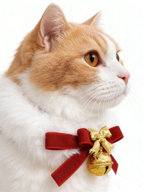 MCJPETS Festive Red Bow Bell Collar - Plush Winter Neckwear for Cats and Dogs
